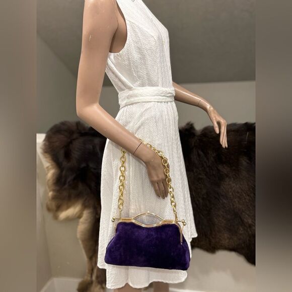 Purple Real Shearling Leather Double Kisslock & Top Handle Clutch with 2 Straps - Picture 7 of 16